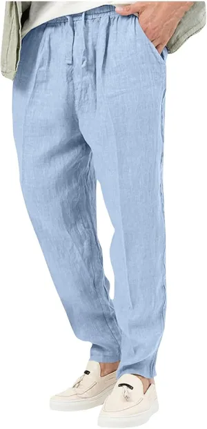 Lightweight Linen Pants Men Baggy Drawstring Summer Casual Pants Loose Fit Regular Classic Beach Trousers with Pocket