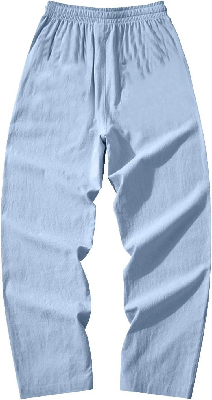 Lightweight Linen Pants Men Baggy Drawstring Summer Casual Pants Loose Fit Regular Classic Beach Trousers with Pocket
