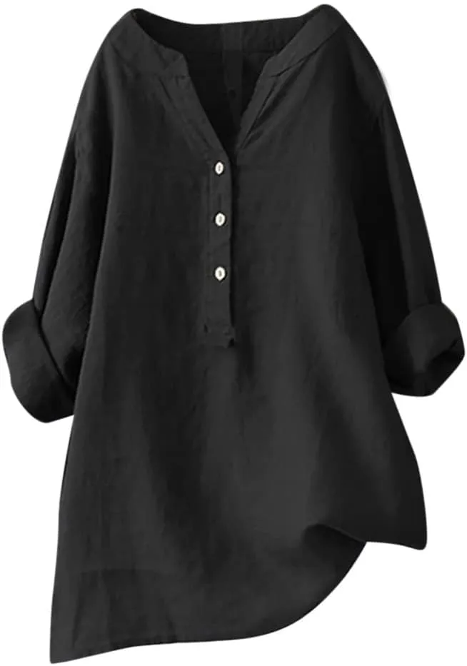 Linen Shirts for Women 2024 Plus Size 3/4 Length Sleeve Tops Casual Loose Fit Round Neck Tees Summer Fashion Blouse Summer Tops for Women 2024 Spring Tops for Women 2024 Green Tops for Women