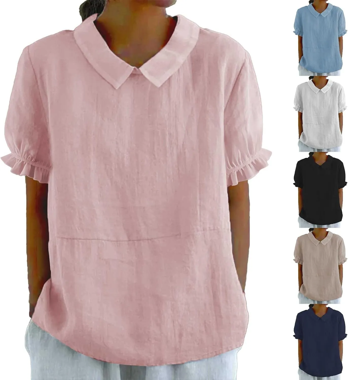 Linen Shirts for Women Short Sleeve Ruffle T Shirts Summer Cute Casual Tees Collared Shirts Neck Blouse Tunic Tops