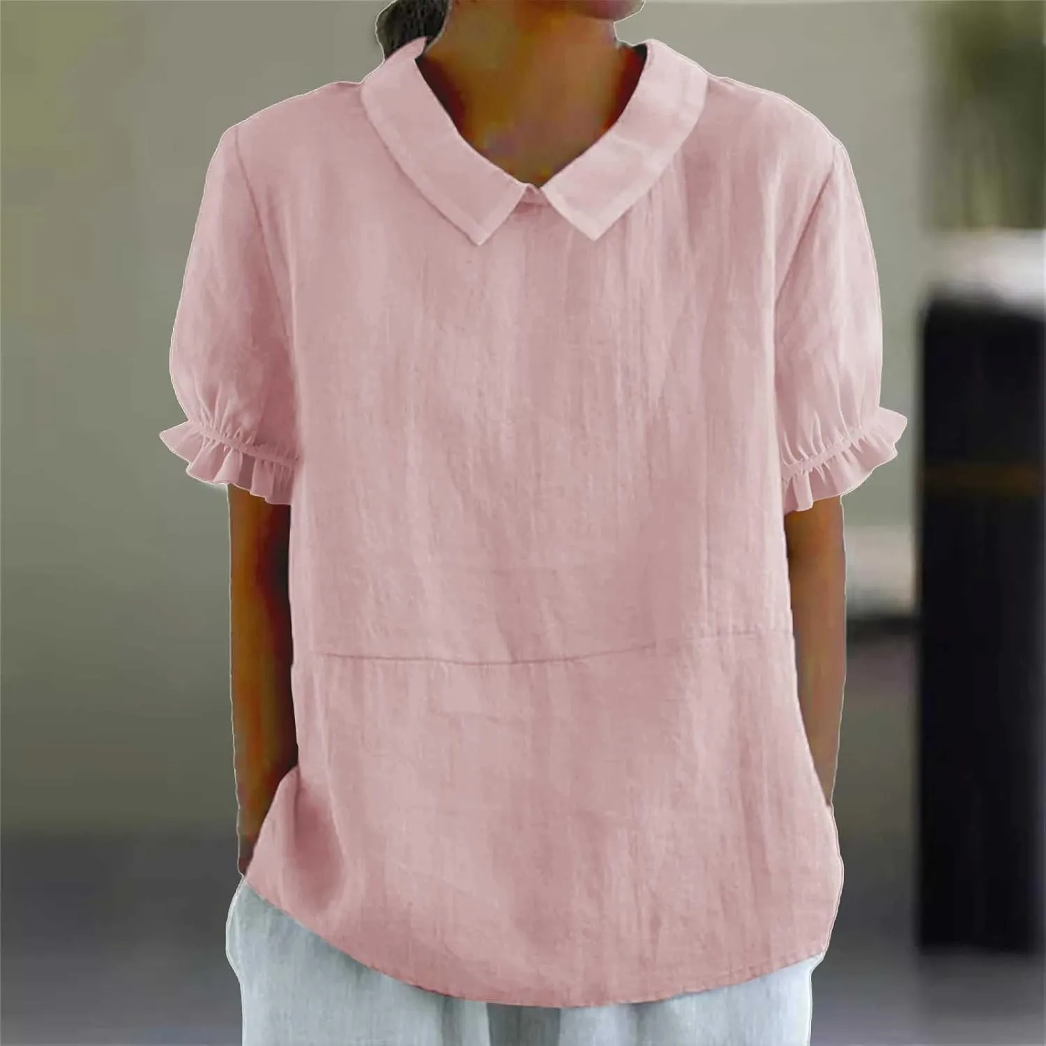 Linen Shirts for Women Short Sleeve Ruffle T Shirts Summer Cute Casual Tees Collared Shirts Neck Blouse Tunic Tops