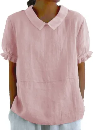 Linen Shirts for Women Short Sleeve Ruffle T Shirts Summer Cute Casual Tees Collared Shirts Neck Blouse Tunic Tops