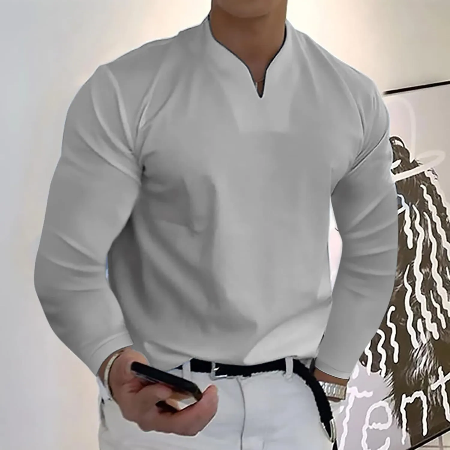 Long Sleeve Shirts for Men Plus Size V-Neck Shirts Oversized Solid Shirts Casual Stylish Loose Fit Fall Shirts