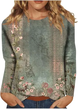 Long Sleeve Shirts for Women - Womens T Shirts Long Sleeve Crew Neck Shirts Basic Tee Sort Comfy Printed Tops Blouse