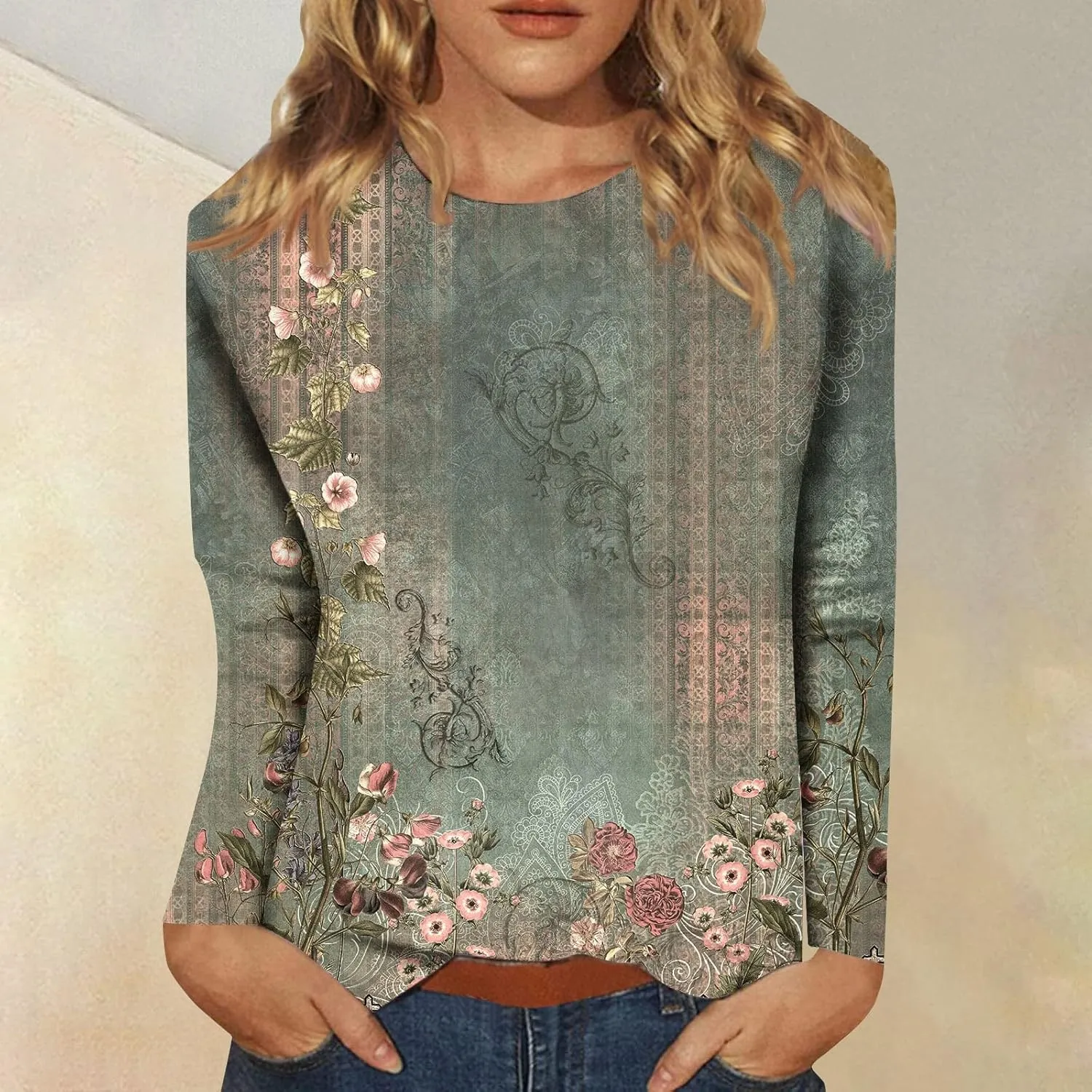 Long Sleeve Shirts for Women - Womens T Shirts Long Sleeve Crew Neck Shirts Basic Tee Sort Comfy Printed Tops Blouse