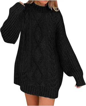 Long Sleeve Turtleneck Sweater Women Winter Casual Solid Color Cable Knitwear Oversize Mock Neck Long Sweater