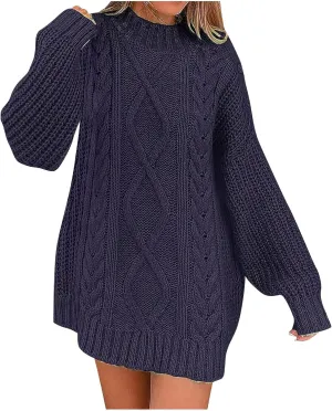 Long Sleeve Turtleneck Sweater Women Winter Casual Solid Color Cable Knitwear Oversize Mock Neck Long Sweater
