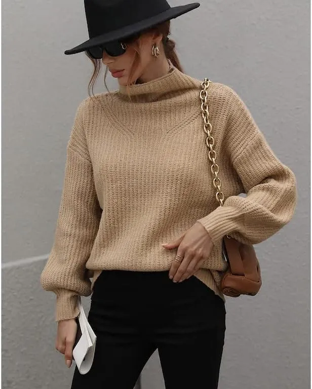 LOUSEA Women's Solid Turtleneck high Neck Long Sleeve Sweater Knit Pullover Outerwear Loose