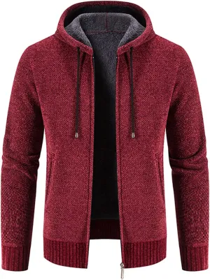 Lu's Chic Men's Full Zip Hoodie Winter Striped Knitted Long Sleeve Cardigan Sweater Slim Fit Hooded Sweatshirt Pockets