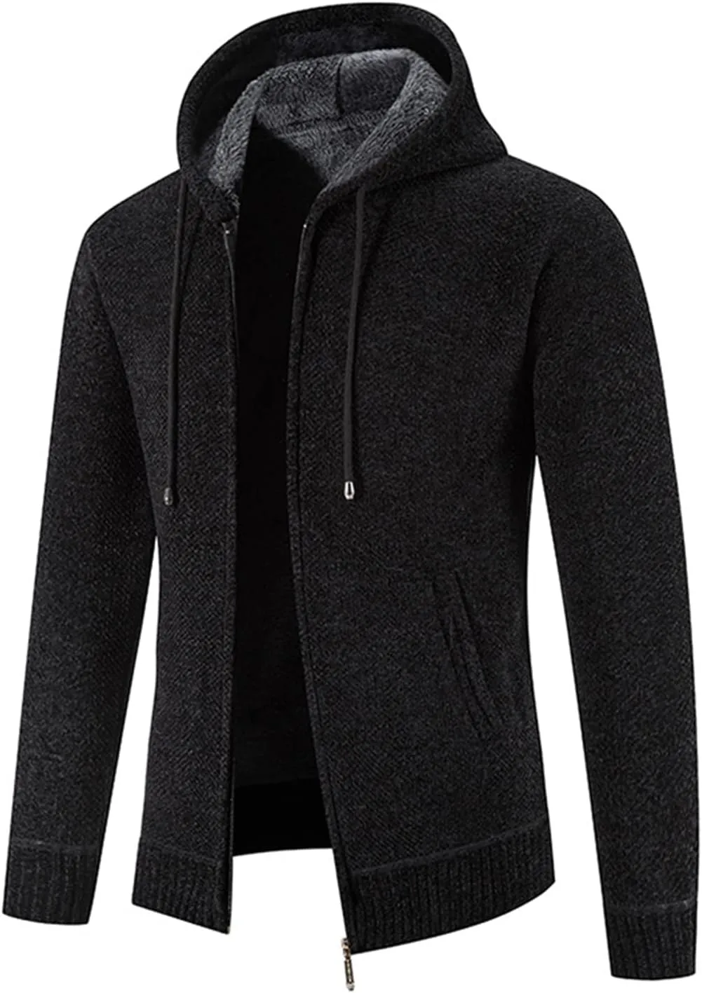 Lu's Chic Men's Full Zip Hoodie Winter Striped Knitted Long Sleeve Cardigan Sweater Slim Fit Hooded Sweatshirt Pockets