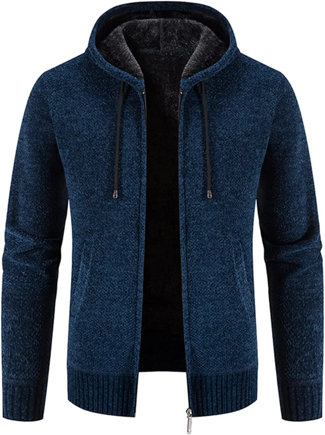 Lu's Chic Men's Full Zip Hoodie Winter Striped Knitted Long Sleeve Cardigan Sweater Slim Fit Hooded Sweatshirt Pockets