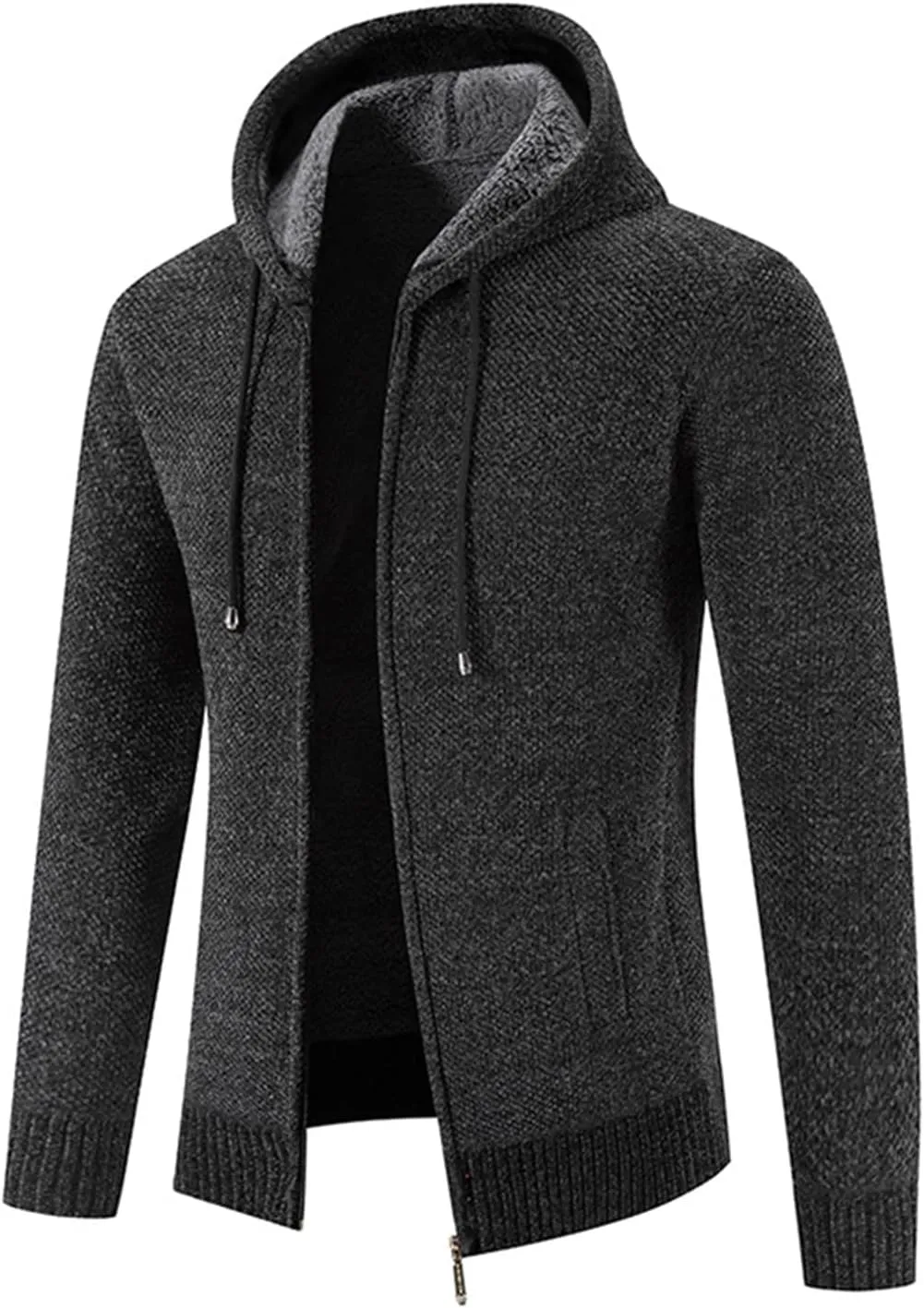Lu's Chic Men's Full Zip Hoodie Winter Striped Knitted Long Sleeve Cardigan Sweater Slim Fit Hooded Sweatshirt Pockets