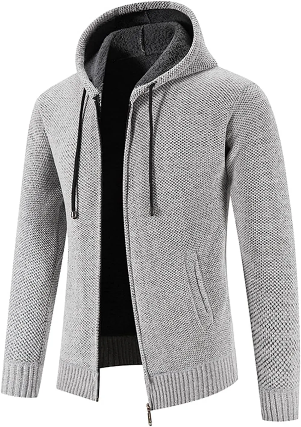Lu's Chic Men's Full Zip Hoodie Winter Striped Knitted Long Sleeve Cardigan Sweater Slim Fit Hooded Sweatshirt Pockets