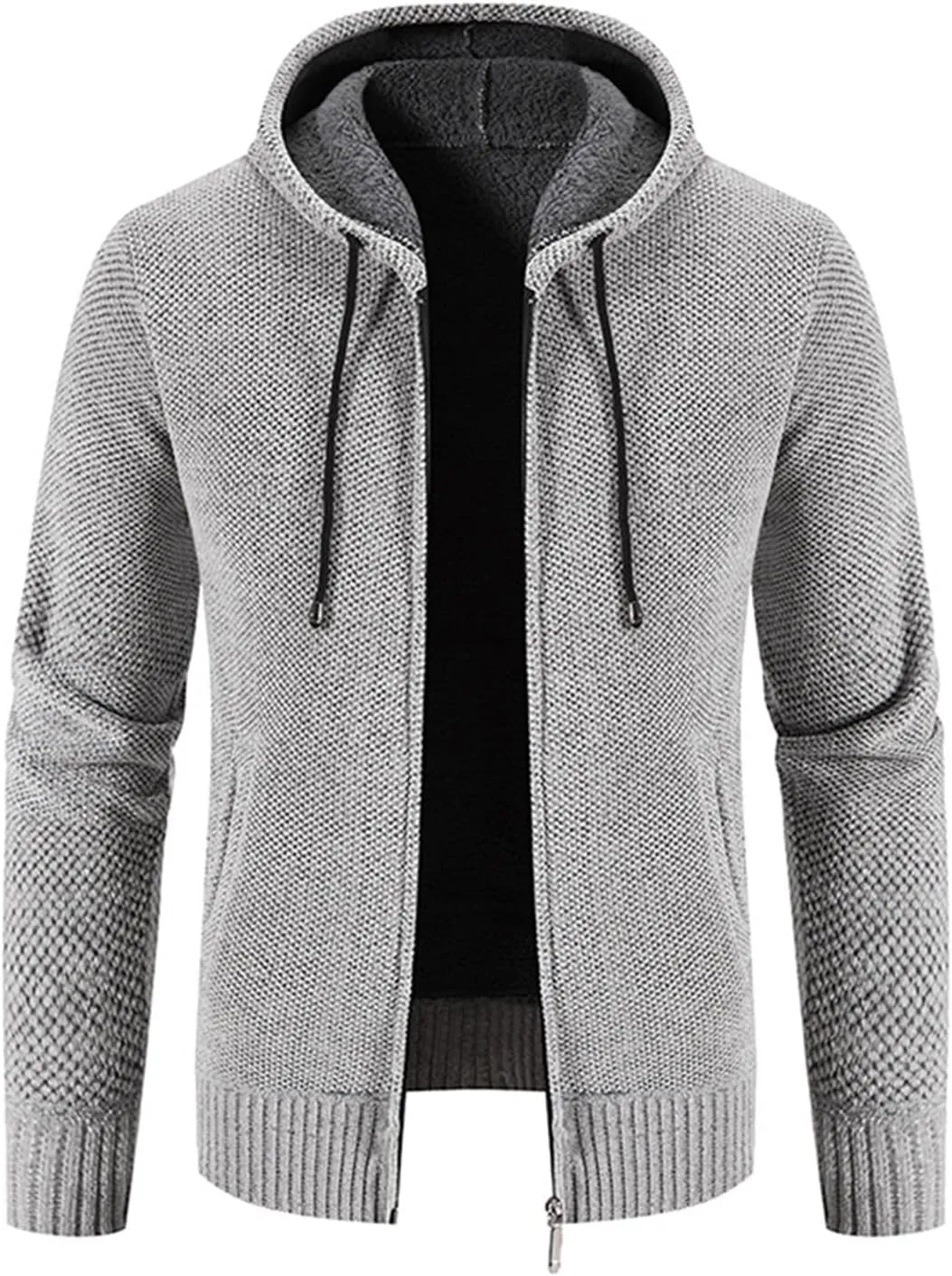 Lu's Chic Men's Full Zip Hoodie Winter Striped Knitted Long Sleeve Cardigan Sweater Slim Fit Hooded Sweatshirt Pockets