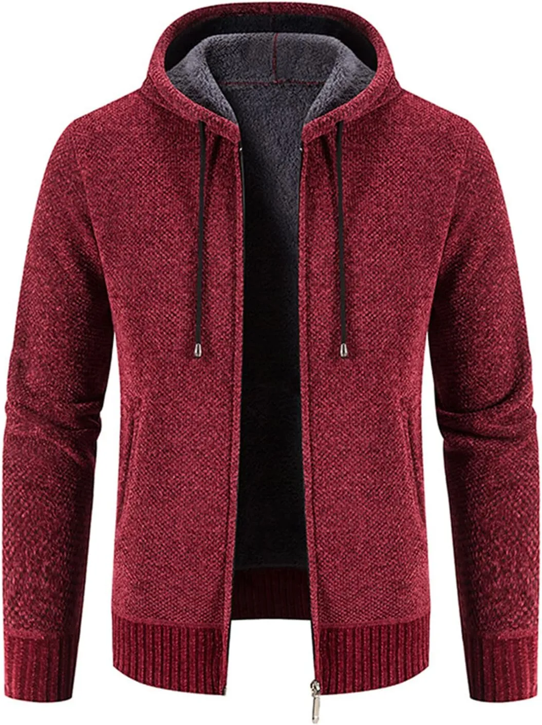 Lu's Chic Men's Full Zip Hoodie Winter Striped Knitted Long Sleeve Cardigan Sweater Slim Fit Hooded Sweatshirt Pockets