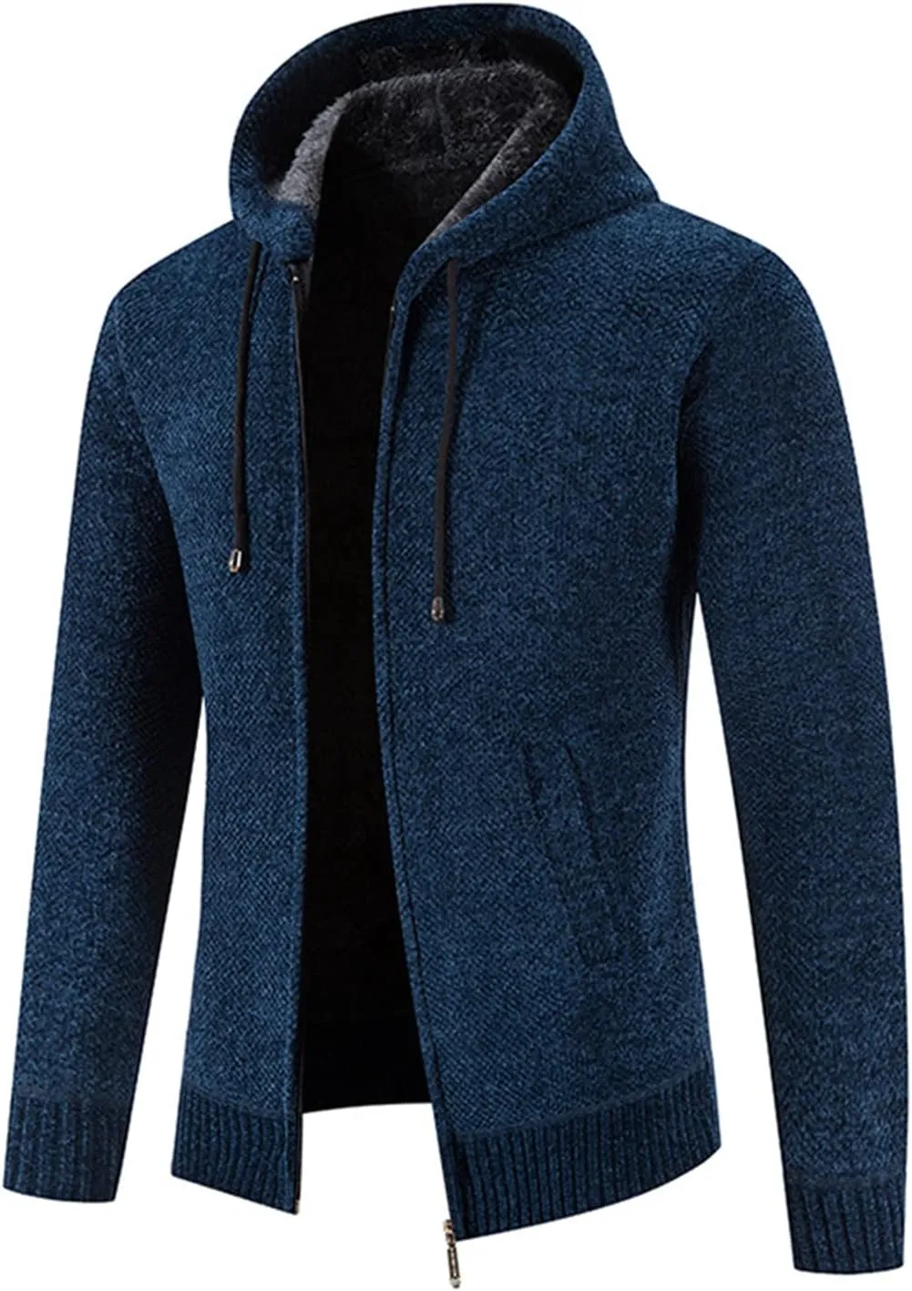 Lu's Chic Men's Full Zip Hoodie Winter Striped Knitted Long Sleeve Cardigan Sweater Slim Fit Hooded Sweatshirt Pockets