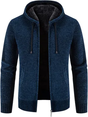 Lu's Chic Men's Full Zip Hoodie Winter Striped Knitted Long Sleeve Cardigan Sweater Slim Fit Hooded Sweatshirt Pockets