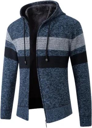 Lu's Chic Men's Full Zip Hoodie Winter Striped Knitted Long Sleeve Cardigan Sweater Slim Fit Hooded Sweatshirt Pockets