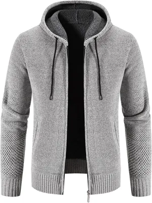 Lu's Chic Men's Full Zip Hoodie Winter Striped Knitted Long Sleeve Cardigan Sweater Slim Fit Hooded Sweatshirt Pockets