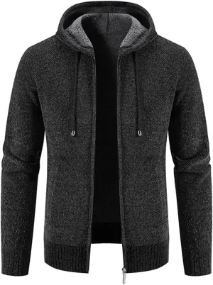 Lu's Chic Men's Full Zip Hoodie Winter Striped Knitted Long Sleeve Cardigan Sweater Slim Fit Hooded Sweatshirt Pockets