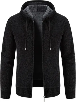 Lu's Chic Men's Full Zip Hoodie Winter Striped Knitted Long Sleeve Cardigan Sweater Slim Fit Hooded Sweatshirt Pockets