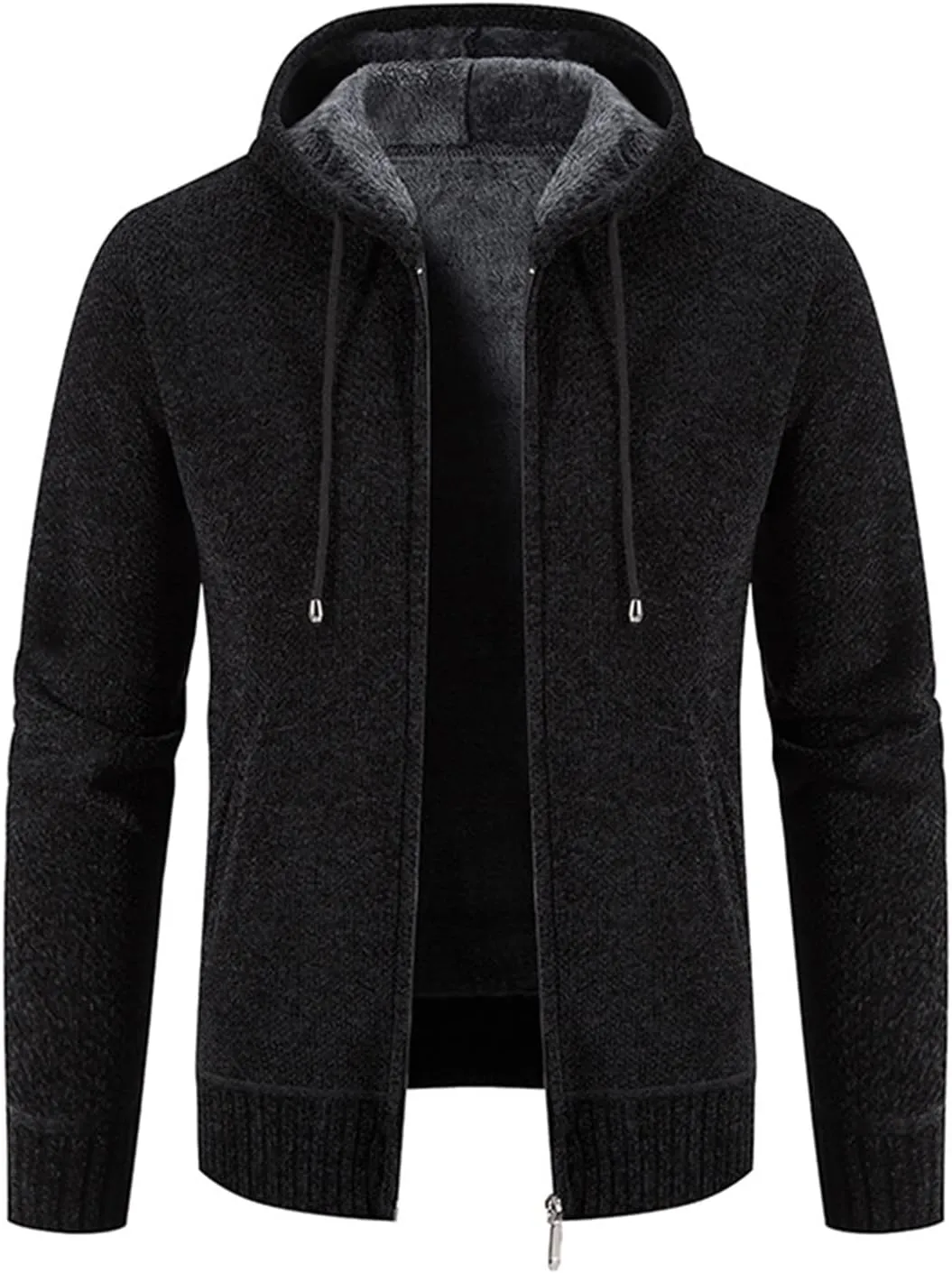 Lu's Chic Men's Full Zip Hoodie Winter Striped Knitted Long Sleeve Cardigan Sweater Slim Fit Hooded Sweatshirt Pockets