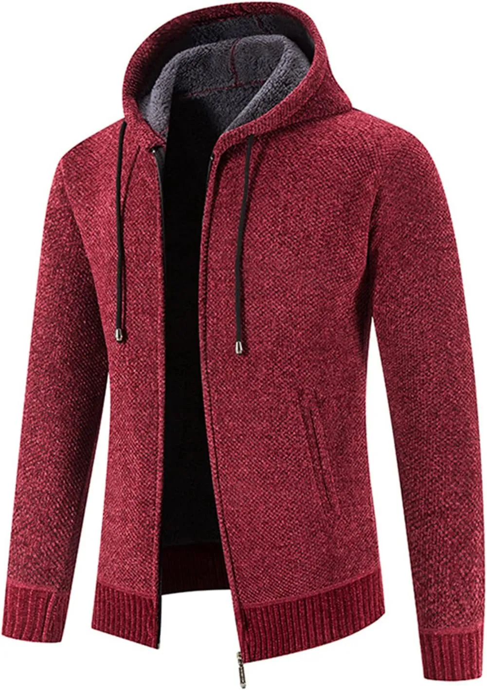 Lu's Chic Men's Full Zip Hoodie Winter Striped Knitted Long Sleeve Cardigan Sweater Slim Fit Hooded Sweatshirt Pockets