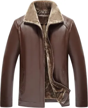 Lu's Chic Men's Sherpa Lined Faux Leather Jacket Zip Up Fleece Trucker Winter Slim Fit Fur Collar Bomber Jackets & Coats