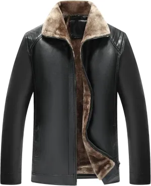 Lu's Chic Men's Sherpa Lined Faux Leather Jacket Zip Up Fleece Trucker Winter Slim Fit Fur Collar Bomber Jackets & Coats