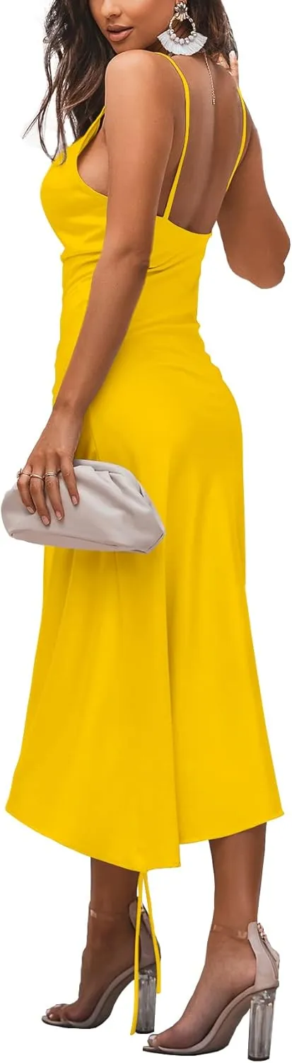 LYANER Women's Satin Spaghetti Straps Cowl Neck Sexy Ruch Cocktail Midi Dresses