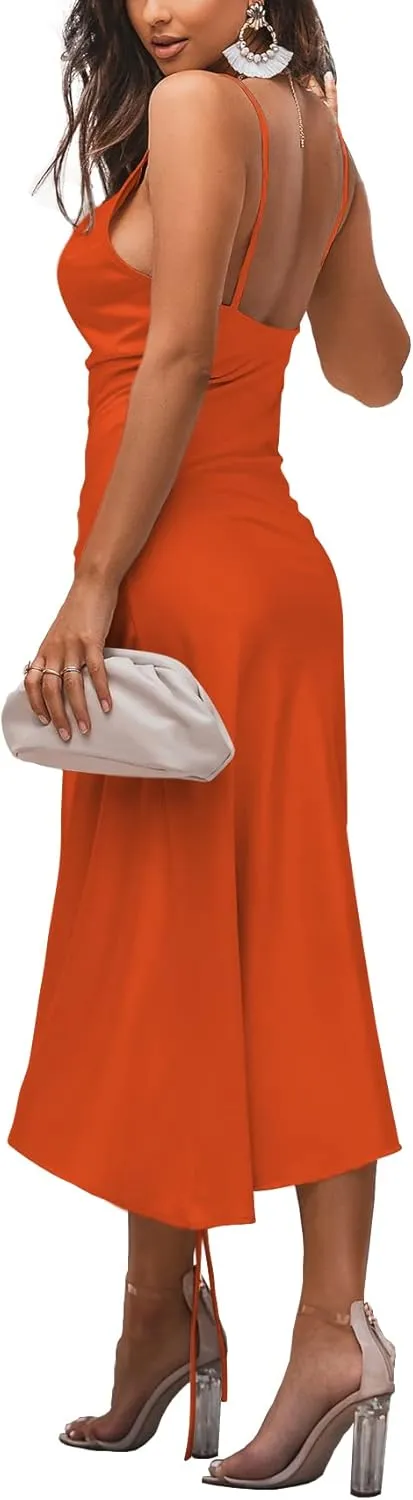 LYANER Women's Satin Spaghetti Straps Cowl Neck Sexy Ruch Cocktail Midi Dresses