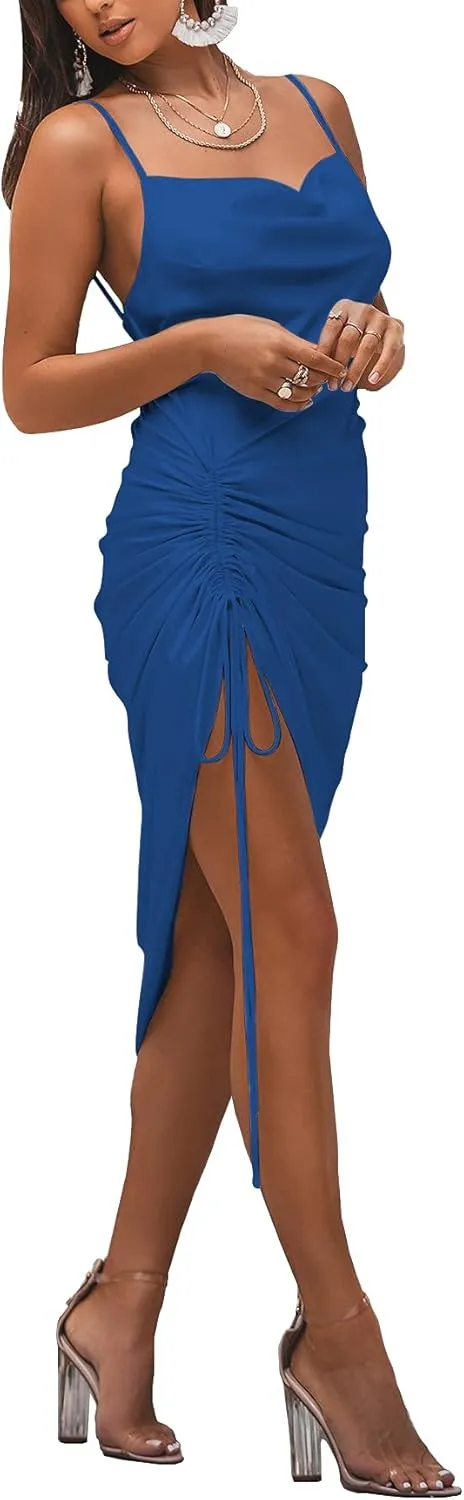 LYANER Women's Satin Spaghetti Straps Cowl Neck Sexy Ruch Cocktail Midi Dresses