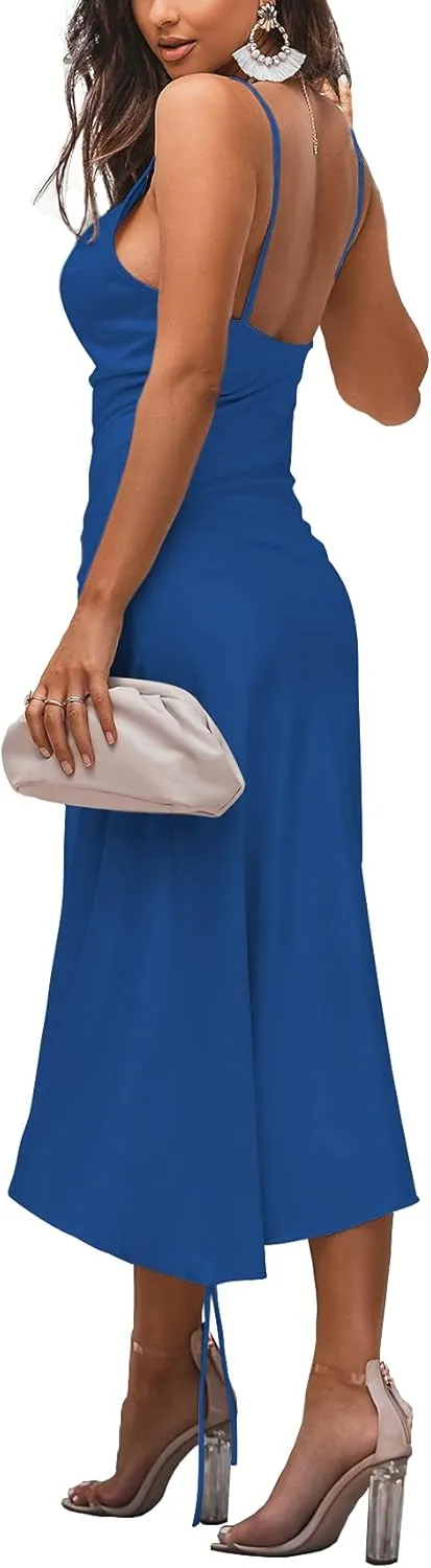 LYANER Women's Satin Spaghetti Straps Cowl Neck Sexy Ruch Cocktail Midi Dresses