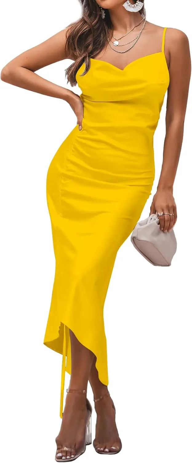 LYANER Women's Satin Spaghetti Straps Cowl Neck Sexy Ruch Cocktail Midi Dresses