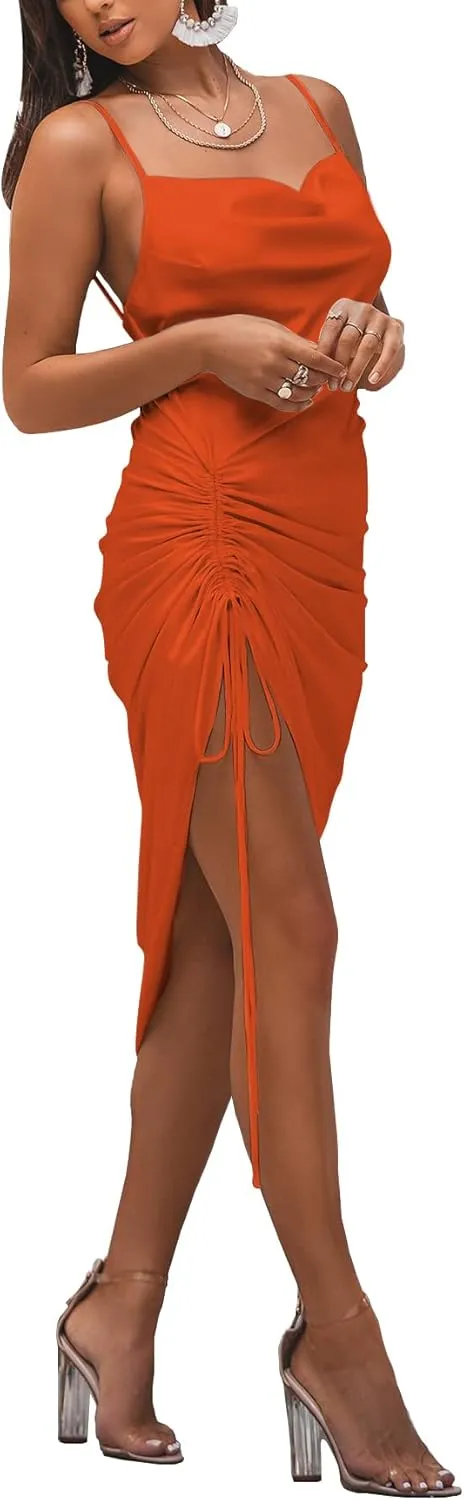 LYANER Women's Satin Spaghetti Straps Cowl Neck Sexy Ruch Cocktail Midi Dresses
