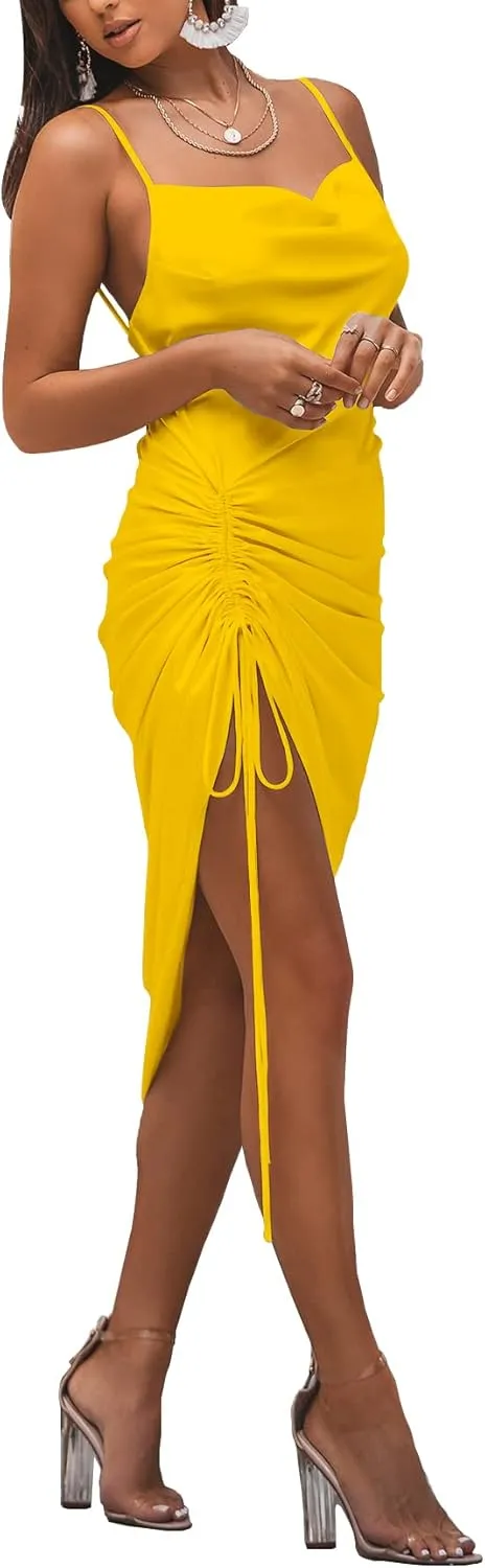 LYANER Women's Satin Spaghetti Straps Cowl Neck Sexy Ruch Cocktail Midi Dresses