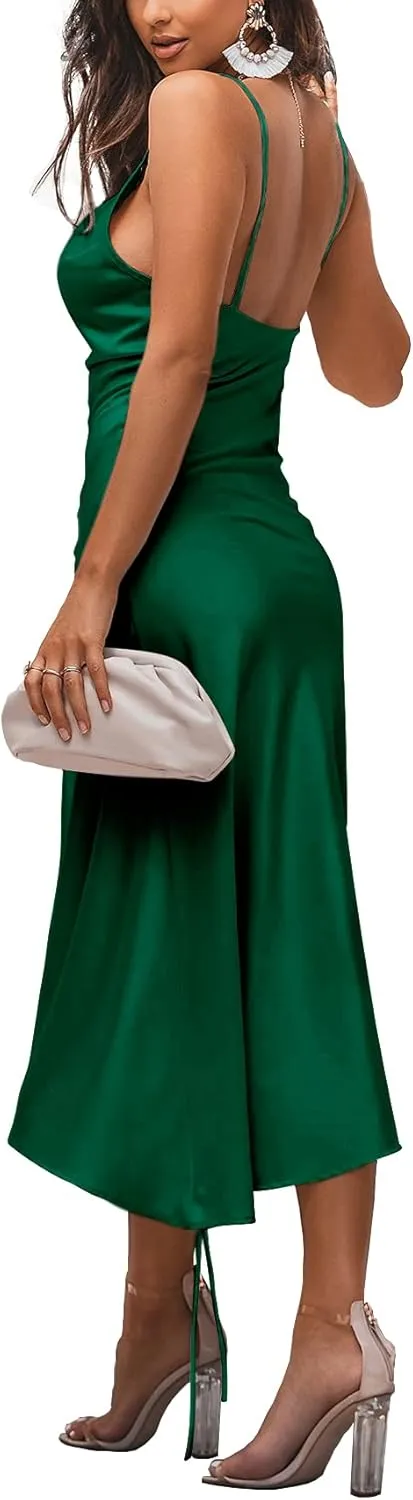 LYANER Women's Satin Spaghetti Straps Cowl Neck Sexy Ruch Cocktail Midi Dresses