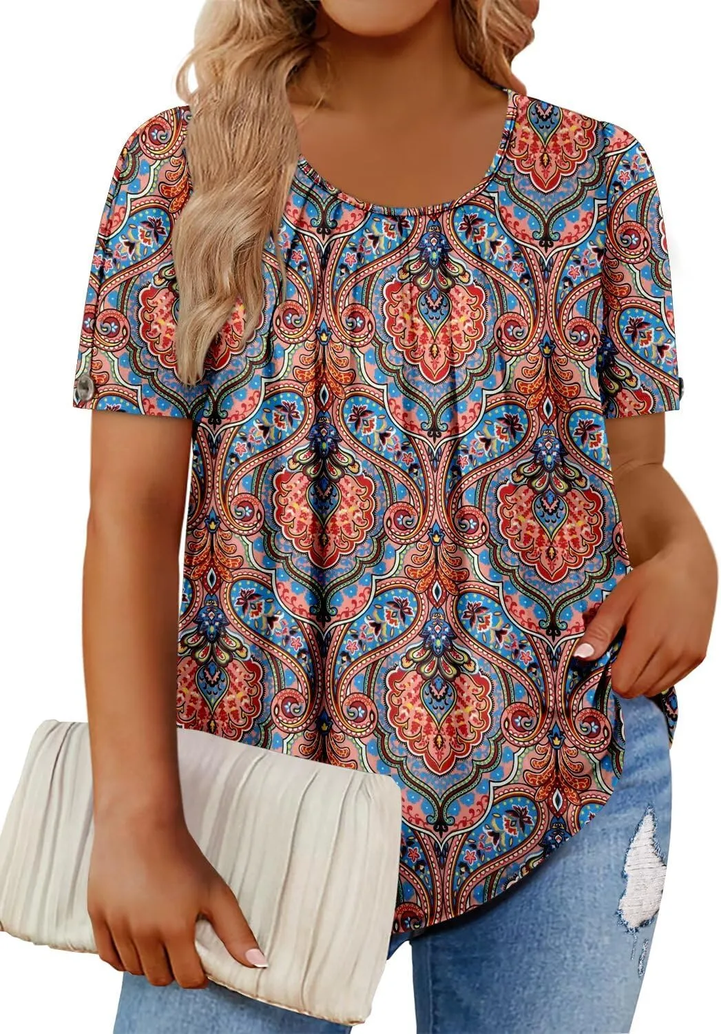 Magritta Womens Plus Size Tops Flowy Summer Blouses Short Sleeve Shirts Pleated Dressy Tunic Tops