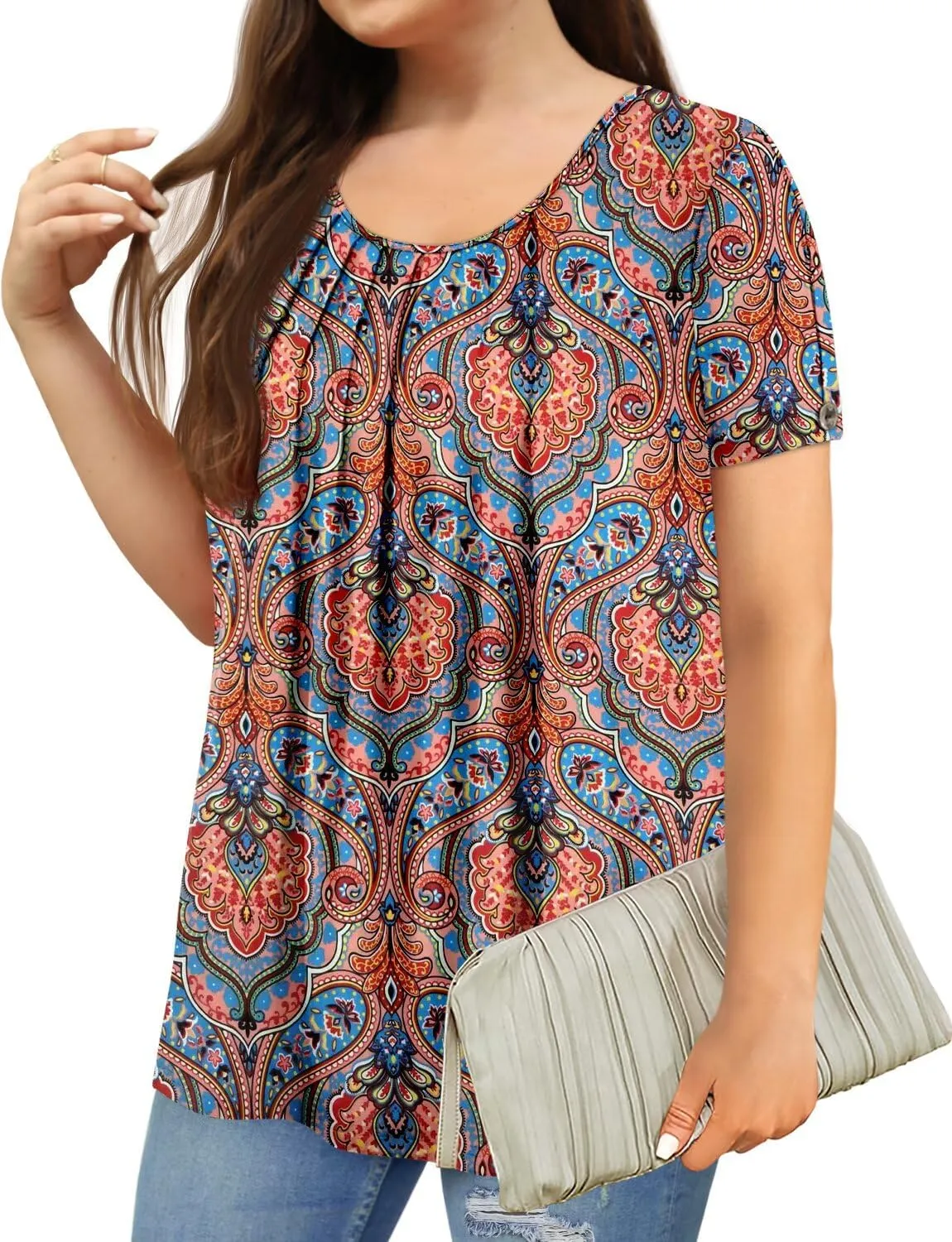 Magritta Womens Plus Size Tops Flowy Summer Blouses Short Sleeve Shirts Pleated Dressy Tunic Tops