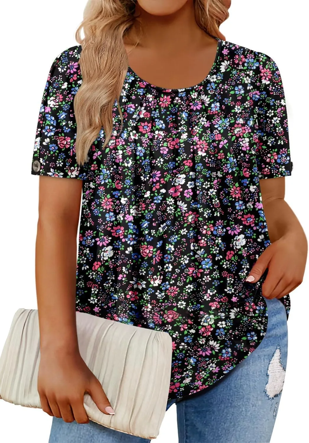 Magritta Womens Plus Size Tops Flowy Summer Blouses Short Sleeve Shirts Pleated Dressy Tunic Tops