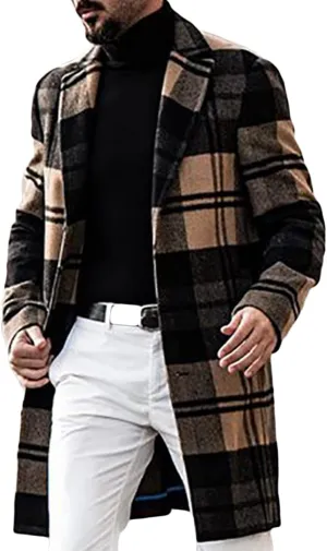 Maiyifu-GJ Men's Casual Plaid Long Trench Coat Single Breasted Notched Lapel Collar Jackets Lightweight Winter Slim Pea Coat