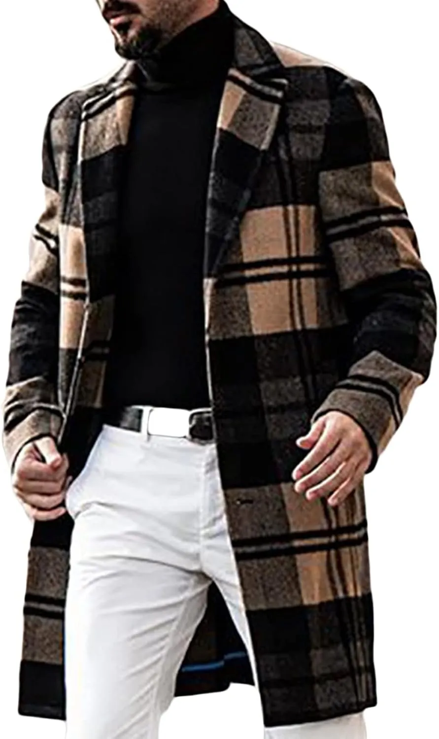 Maiyifu-GJ Men's Casual Plaid Long Trench Coat Single Breasted Notched Lapel Collar Jackets Lightweight Winter Slim Pea Coat