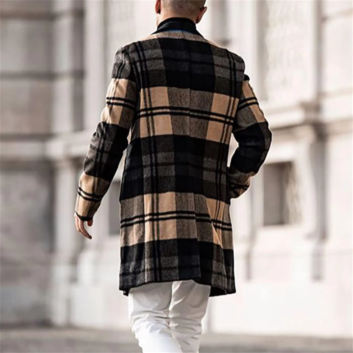 Maiyifu-GJ Men's Casual Plaid Long Trench Coat Single Breasted Notched Lapel Collar Jackets Lightweight Winter Slim Pea Coat