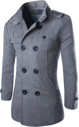 Maiyifu-GJ Mens Winter Double Breasted Overcoat Classic Mid Long Wool Blend Pea Coat Stand Collar Slim Outdoor Trench Jacket
