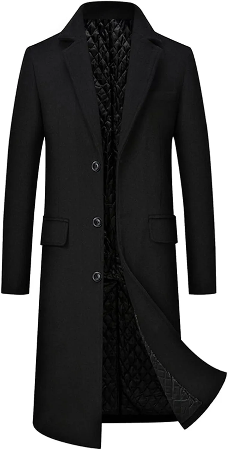 Maiyifu-GJ Men's Wool Blend Long Trench Coat Single Breasted Business Jacket Winter Notched Lapel Top Pea Coats Overcoat