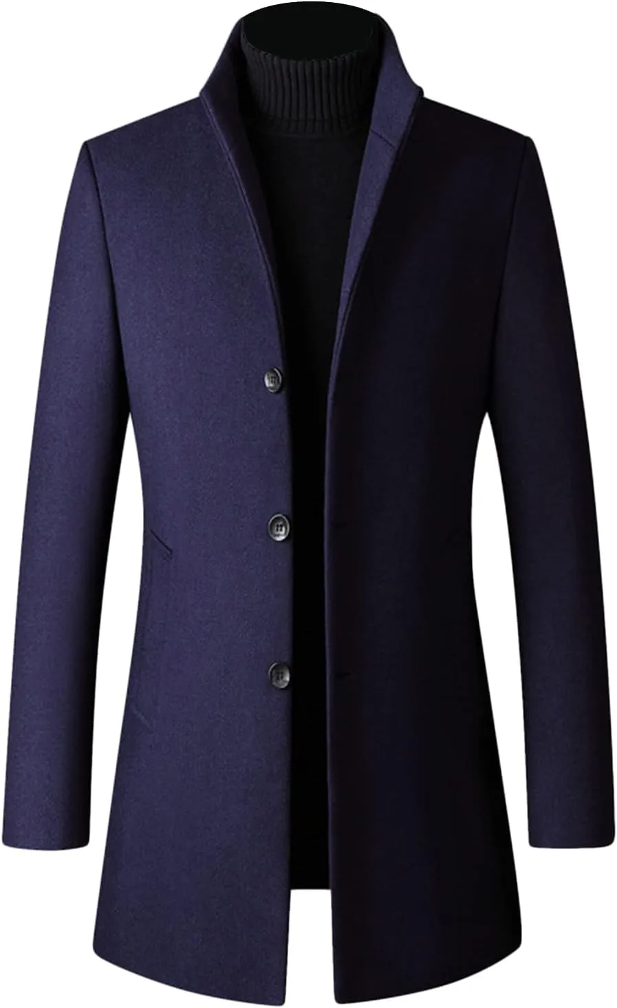 Maiyifu-GJ Mens Wool Blend Trench Coat Stand Collar Single Breasted Business Pea Coats Stylish Mid-Length Overcoat Jacket