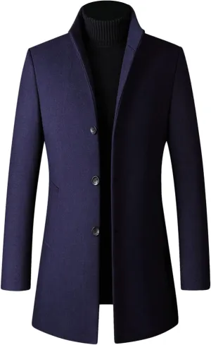 Maiyifu-GJ Mens Wool Blend Trench Coat Stand Collar Single Breasted Business Pea Coats Stylish Mid-Length Overcoat Jacket