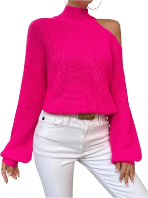 MakeMeChic Women's Mock Neck Cut Out Sweater Lantern Long Sleeve Asymmetrical Pullovers