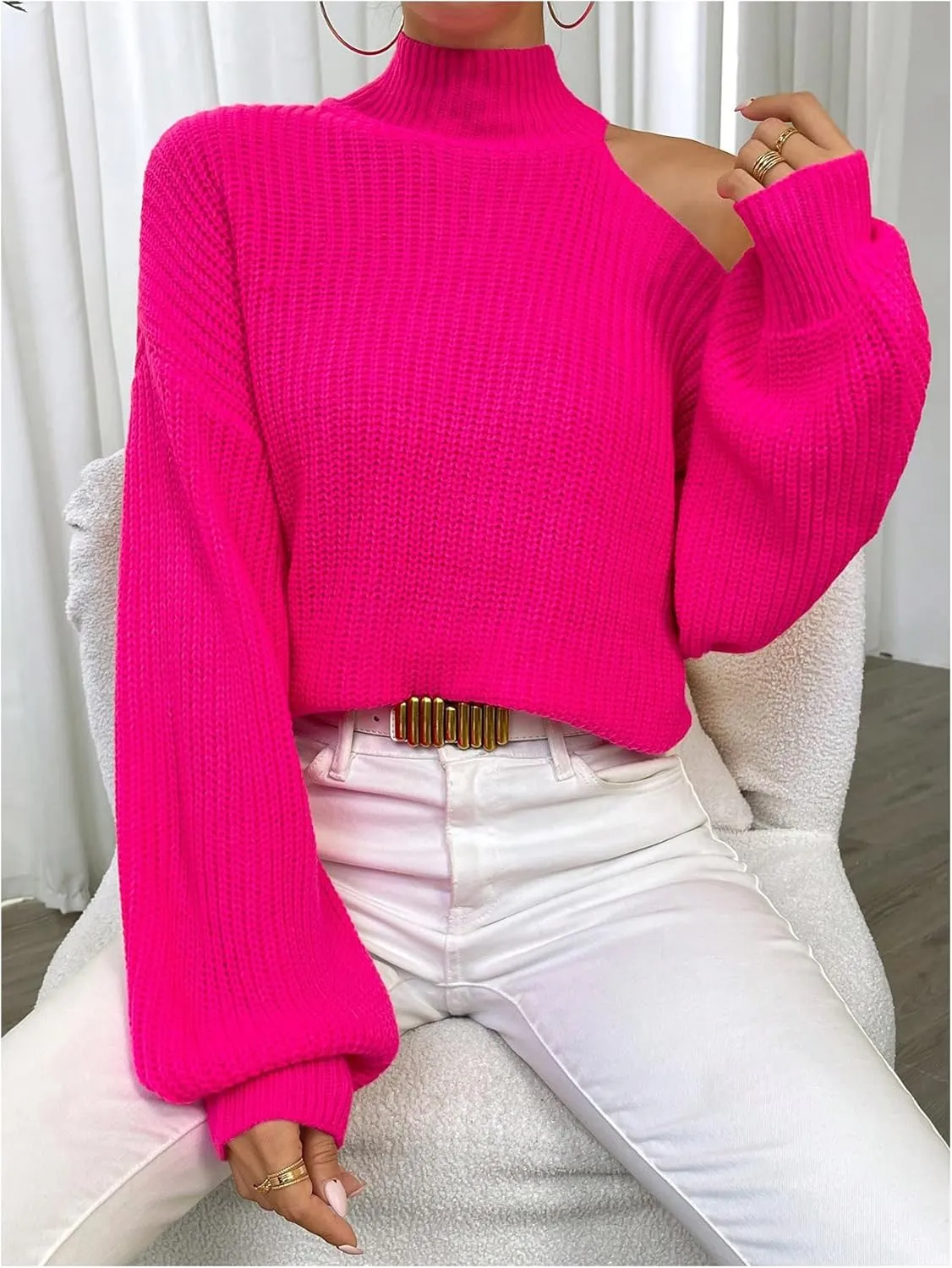 MakeMeChic Women's Mock Neck Cut Out Sweater Lantern Long Sleeve Asymmetrical Pullovers