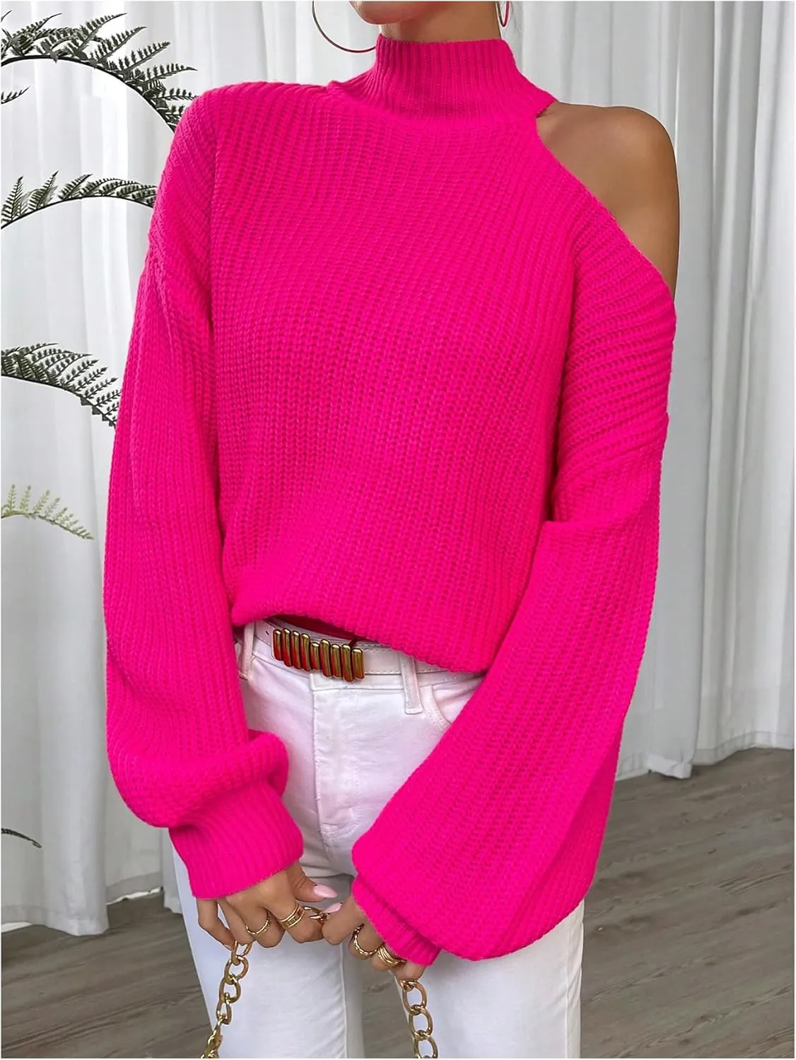 MakeMeChic Women's Mock Neck Cut Out Sweater Lantern Long Sleeve Asymmetrical Pullovers